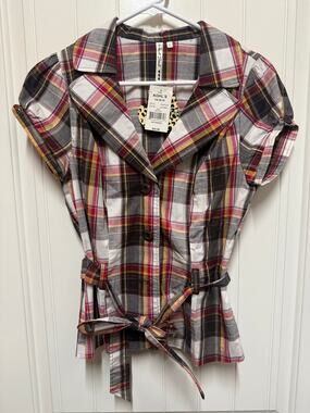 Heart Soul  Plaid Blouse w/ Belt Autumn colors Womens Size Medium